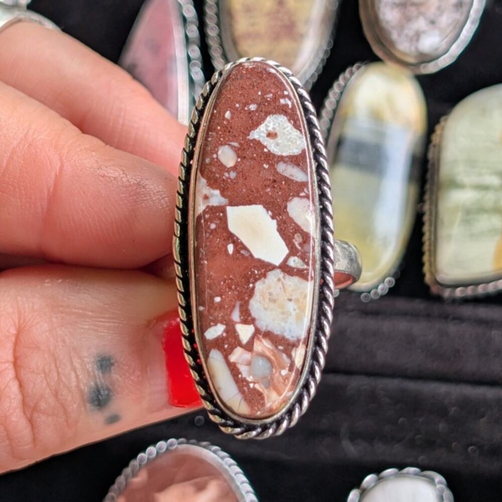 Red Oval Boho Ring Silver Statement Ring Groovy Vintage Southwest Rusty Size 8.5